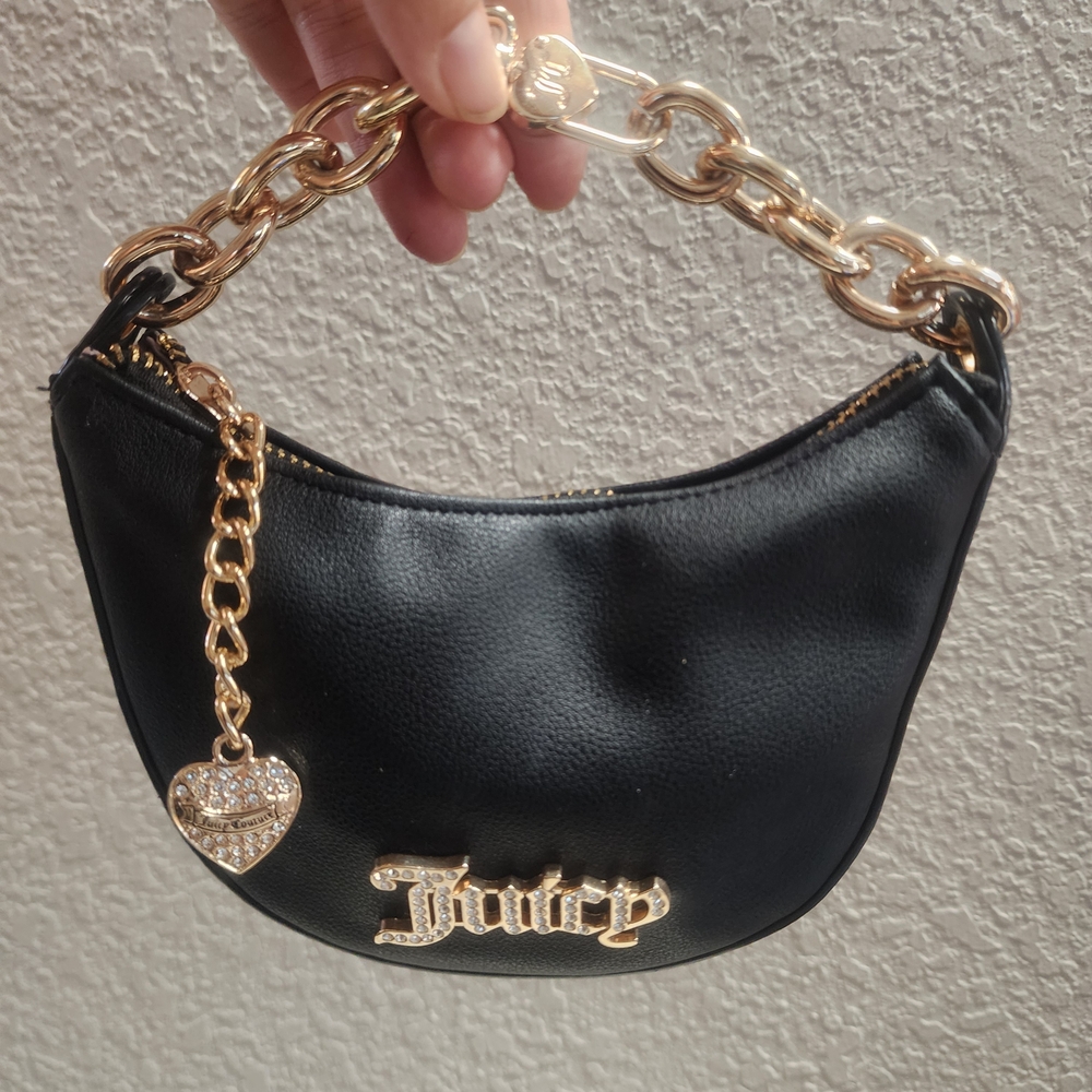 Juicy‎ Couture Black Mini Hobo Hand Clutch Bag with Gold Chain & Charm